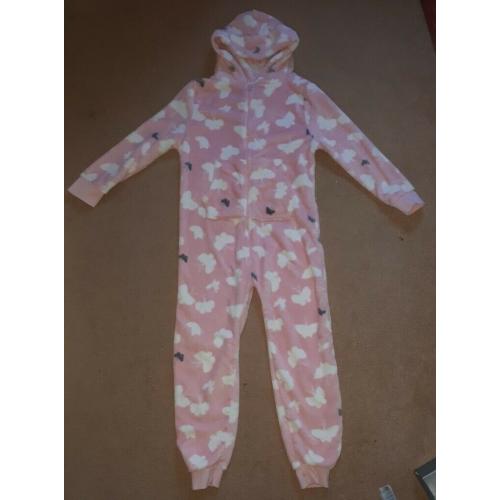NEXT Pink Soft Fluffy Onesie All in one with Butterflies on with Hood - 12 Yrs
